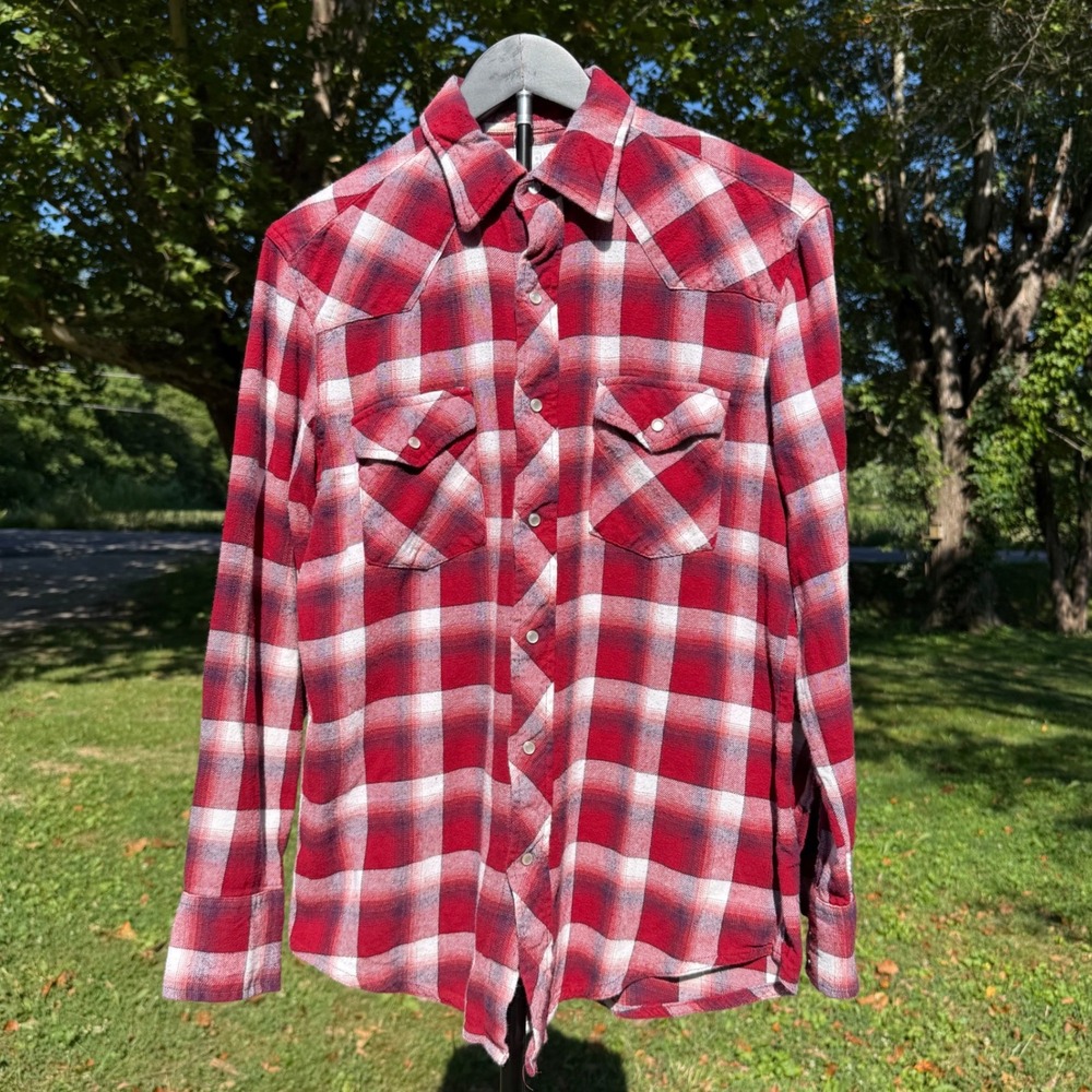 Wrangler Wrancher Mens Red Plaid Flannel Western Pearl Snap Shirt Medium Cowboy